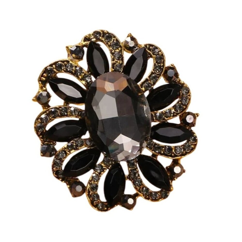 Vintage Rhinestone Brooch Pin Black Crystals Oval Floral Design Gold-Tone